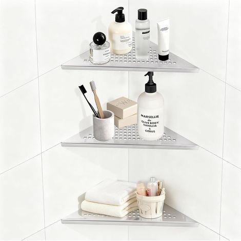 3 Pièces Étagère d'angle pour douche en acier inoxydable 304 étagère d'angle de salle de bain sans perçage, Support de douche avec design en grille (Finition brossée intégrée, 254 mm x 254 mm)