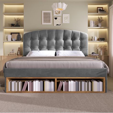 Cama doble con almacenamiento tapizada gris OKMYHOME (1/5)