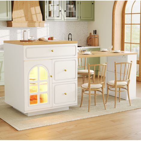 Ausziehbare Kücheninsel 122,5-195,5x59x93,5 cm aus MDF in Weiß mit LED – MEUBLIV (1/5)