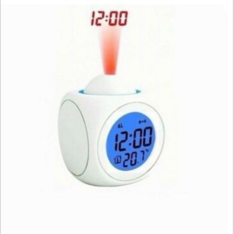 Réveil projecteur multifonction blanc, horloge de table avec projection LED, charge USB, fonction vocale, en plastique pour chambre à coucher