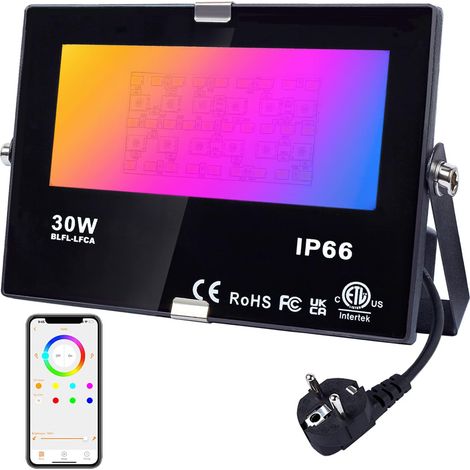 Projecteur LED Extérieur RGB 30W, Spot LED Couleur 220V Dimmable, Eclairage Exterieur Multicolore avec Prise Bluetooth, Lampe Jardin étanche IP66 avec Contrôle APP (1/5)