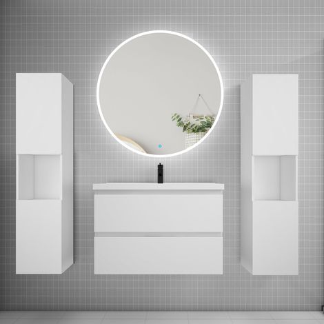 Ensemble meuble vasque L.79cm 2 tiroirs + lavabo + LED miroir rond 90cm + 2colonne,blanc A