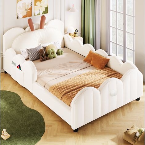 Lit enfant 90x200 cm - Lit simple - Avec tête de lit en forme de lapin et garde-corps - En velours - Beige