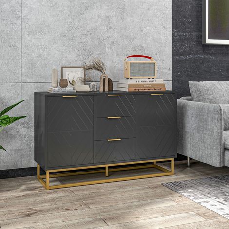 Modernes Sideboard im Grafikdesign mit 2 Schränken, verstellbaren Einlegeböden und 3 Schubladen aus schwarzem Holz und goldfarbenem Metall.