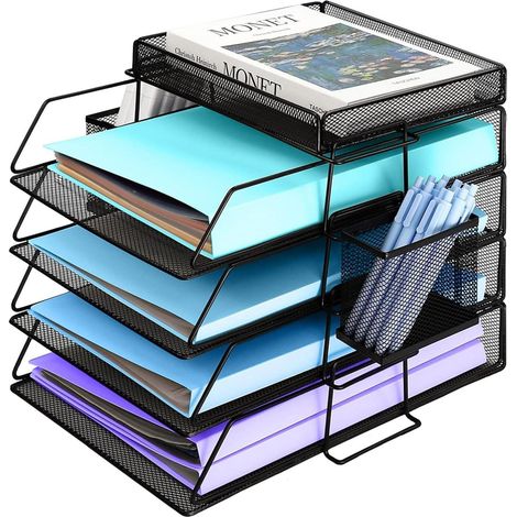 Schreibtisch Organizer 4-Fach mit Stifthalter, Metall Mesh Dokumentenablage, Stapelbar (1/5)