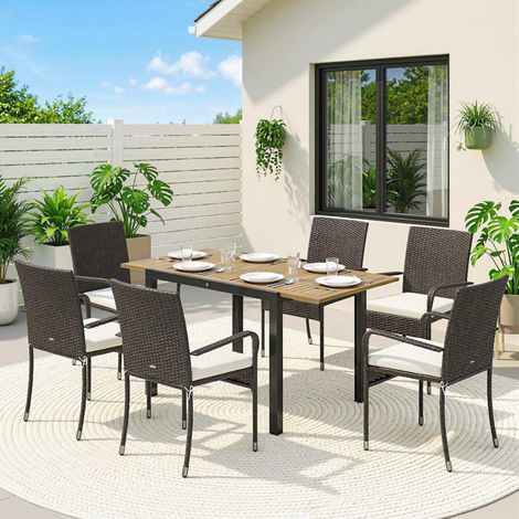 Conjunto de Mesa y Sillas Jardín de Ratán 7 Piezas con Mesa Extensible con Tablero Madera y 6 Sillas Apilables Cojines