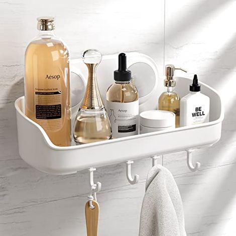 Etagère Douche Ventouse avec Crochets sans Perçage pour Salle de Bain Serviteur de Douche Cusine Amovible Supporte de jusqu'à 10Kg Panier de Rangement Mural Plastique-Blanc (1/5)