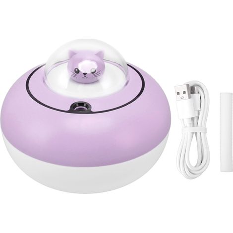 Mini humidificateur en forme de chat mignon, portable et silencieux, idéal pour la maison ou le bureau. Branchement USB, violet. (1/5)