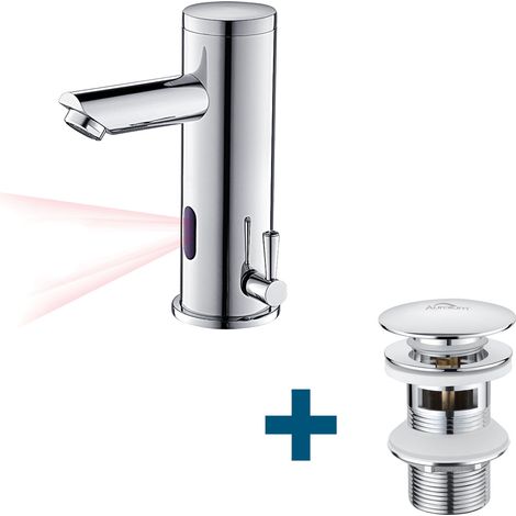 Infrarot Sensor Wasserhahn Automatik Waschtischarmatur + Ablaufgarnitur mit Überlauf, Einhandmischer Wasserhahn Bad mit Pop Up, Chrom (1/5)