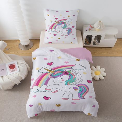 Parure de lit pour enfant 135 x 200 cm - En microfibre douce - Motif licorne arc-en-ciel - Avec fermeture éclair - Avec housse de couette et 1 taie d'oreiller de 80 x 80 cm - Cadeau pour fille (1/5)