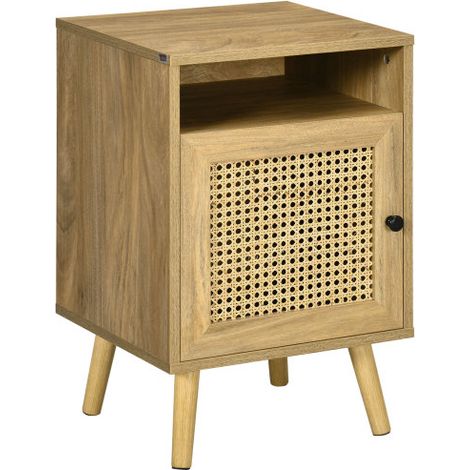 Natural Rattan Bedside Table Set of 2,Stylish Side End Tables with Shelf and Cupboard,39cmx35cmx60cm for Bedroom Storage