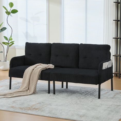 Canapé droit 3 places en velours côtelé avec dossier haut, assise profonde et large, poches latérales, accoudoirs ergonomiques et pieds métal Noir (1/5)