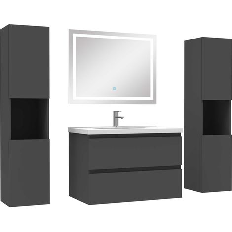 Ensemble meubles Salle de Bain 80cm vasque + colonne + miroir lumineux Anthracite