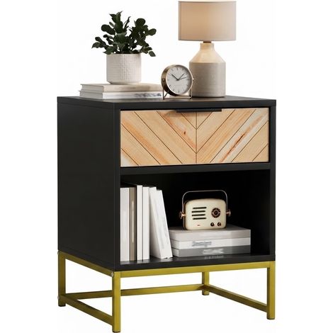 ELVMI Mesita de noche con 1 cajón y 1 hueco abierto para dormitorio y salón en MDF negro y natural 43×40×55 cm (1/5)