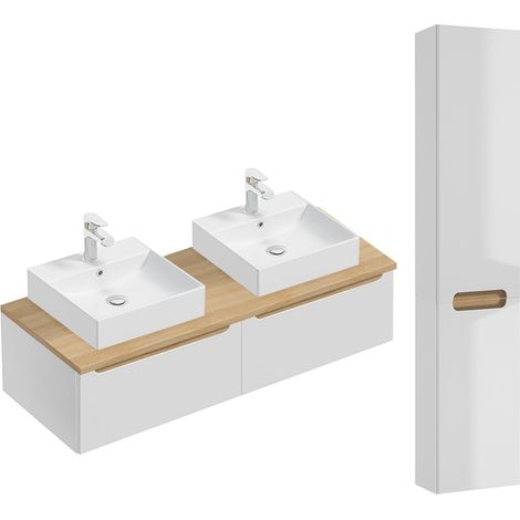 Ensemble meuble double vasque 120cm 2 tiroirs et colonne Livia Blanc et Bois (1/5)