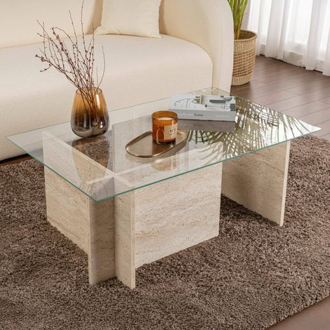 Dmora - Wohnzimmertisch Illasi, Niedriger Wohnzimmertisch, Kaffeeregal, Couchtisch für Sofa, 105x65 h40 cm, Beige (1/5)