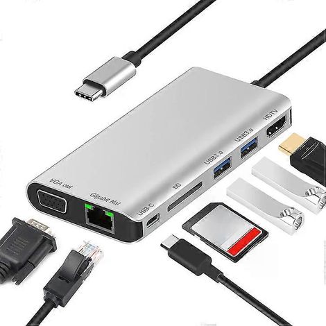 Adaptateur de station d'accueil Type-C 7 en 1 avec HDMI, USB 3.0, RJ45, VGA et lecteur de carte SD - (1/5)