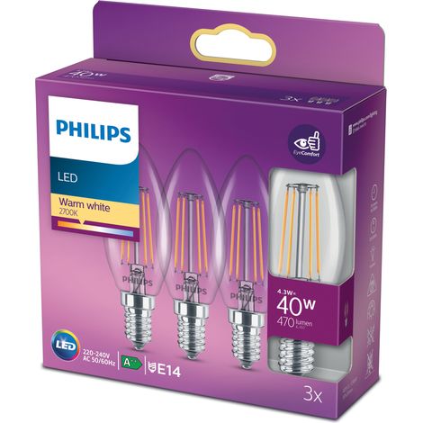 Pack 3 Bombilla LED Philips E14 B35  4.3W 470Lm 2700K  [PH-8718699763817] (1/4)