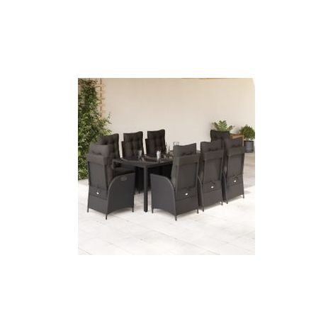 Ensemble à manger de jardin 9pcs coussins noir résine tressée (1/5)