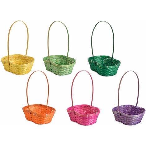 Cestini a 2 vani con manico in bambù colorati gialli, verdi chiari e scuri, aranci, fucsia e viola, set da 12 pezzi, cm27x24,5x10H (con manico41)
