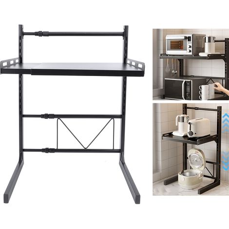 Ausziehbarer Mikrowellenablage aus dickem Kohlenstoffstahl, 27–52 cm/39–62 cm, mit 4 Haken zur Küchenorganisation (1/5)