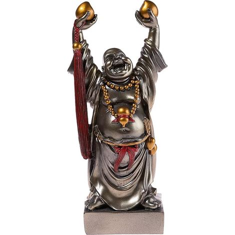 1 Statuette Bouddha Rieur, Résine Teinte Bronze, 27 cm, Cordon Rouge, Pêches, Décoration Intérieure