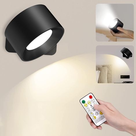 Applique Murale Interieur, Lampe de Chevet Chambre Sans Fil 10 Niveaux de Luminosité 3 Températures Lampe Murale Tactile LED Applique Murale Chambre avec Télécommande Rotatifs 360° Liseuse Lampe Noir (1/5)
