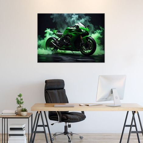 Wandbild Grünes Motorrad Motorradrennfahrer 100x70 (1/4)