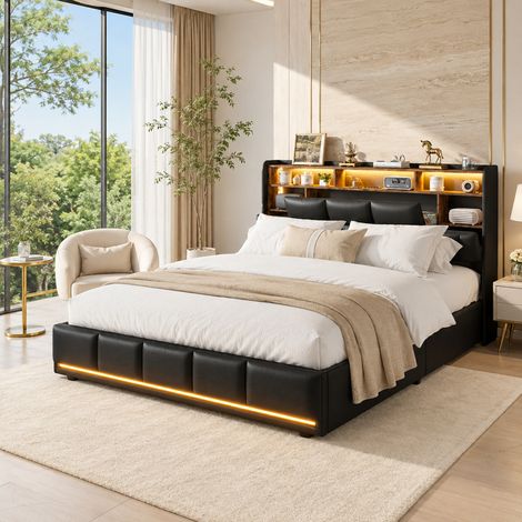 Lit rembourré 160 x 200 - Lit adulte double - Bande LED réglable et port USB - Simili cuir (PU) - Noir - Style industriel rétro - Tête de lit avec rangement (1/5)