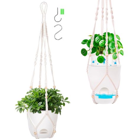 Lot de 2 Pots Suspendus - 14,5cm - Plastique Transparent - Système Auto-arrosant - Intérieur Extérieur - Avec Suspension Macramé (1/5)