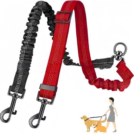 Laisse Double pour 2 Chiens Rouge et Noire Extensible avec Conception Anti Traction et Rotation 360 Degrés pour Promenade