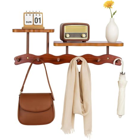 M.J COMFY-LIFE Wall-Mounted Elegant Wavy Coat Rack with 2 Shelves, 52cm Large Bamboo Hanger with 6 Heavy-Duty Hooks Includes Installation Kit for Living Room, Bedroom, Study (Brown) (1/5)
