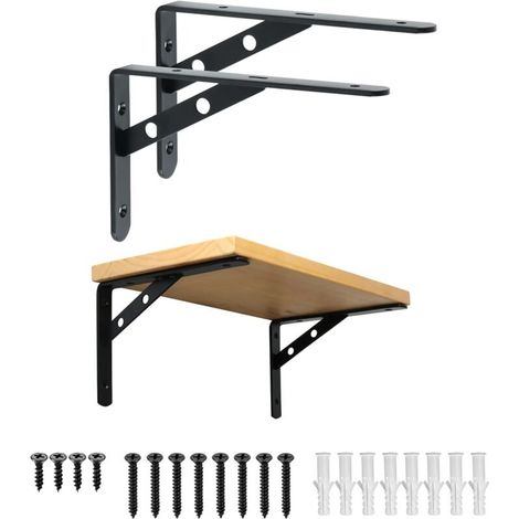 2 Pièces Support d'Étagère Robuste, Equerre Etagere Murale 20 CM, Étagère Triangulaire à Fixation Murale, Équerre d'Étagère à Angle Droit De 90 Degrés, Noir