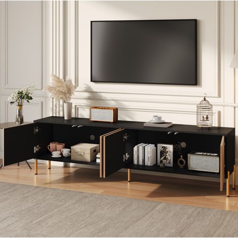 Meuble TV en panneaux de particules noir et naturel 179x35x53,5 cm, 4 portes, pieds en métal doré (1/5)