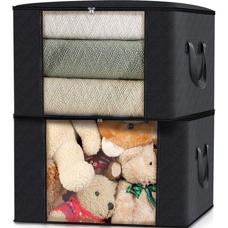 Sacs de rangement pour vêtements et couettes, noirs, lot de 6, avec poignées renforcées et fermeture éclair, 60 L (2 pièces). (1/3)