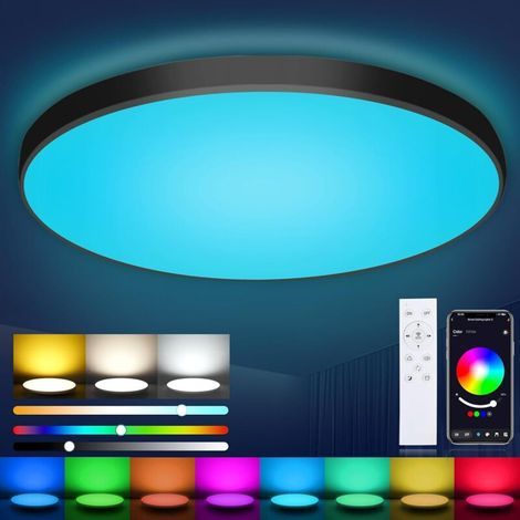 Plafonnier LED Dimmable Plat Rond Noir 36W Plafonnier avec Télécommande，RGB Contrôlable via App，2700K-6500K Smart LED Plafonnier pour chambre enfants bureau salon Ø30CM [Classe énergétique A] (1/5)