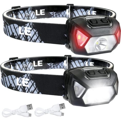Lampe frontale rechargeable LE, [Lot de 2] Lampe frontale LED étanche 2000 L avec voyants rouges d'avertissement, 6 modes d'éclairage, longue autonomie, lampe frontale légère (1/5)