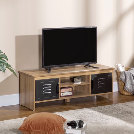 TV-Ständer/TV-Bank, 110 cm, Industriedesign, mit 2 Schränken, 2 Nischen, 2 Kabeldurchführungen, Holzoptik, schwarze Metalltüren