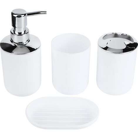 Ensemble de 4 accessoires de salle de bain : flacon de lotion en plastique, gobelet de rangement, gobelet de rinçage, porte-savon (blanc). (1/5)