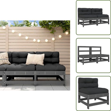 Mittelsofas mit Kissen 2 Stk. Grau Massivholz Kiefer - Gartensofa - Holzsessel - Lounge Möbel - Gartenlounge - Gartenmöbeln