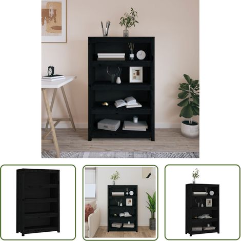 The Living Store Bibliothèque Noir 80x35x126 cm Bois de pin massif - Bibliothèque - Meuble De Rangement - Étagère - Armoire À Livres - Bibliothèque En Bois (1/5)