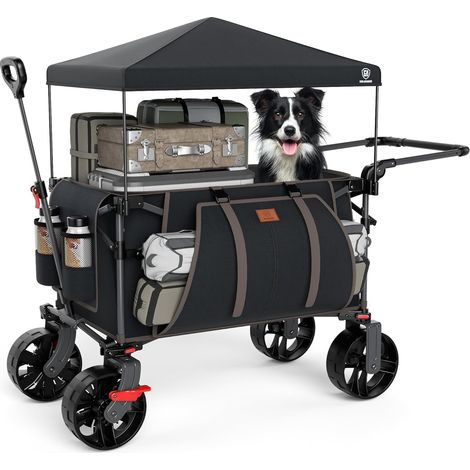 Chariot de Plage Pliable XXL de 225 L à 150 kg avec Frein et Toit - Chariot de Plage avec Roues de 20x9 cm - pour Camping, Plage, Courses, Noir (1/5)