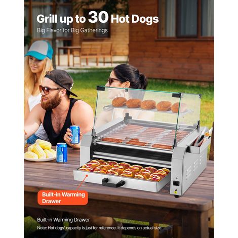 Rouleau à hot-dogs, 11 rouleaux, 30 hot-dogs, machine à griller les saucisses en acier inox, avec chauffe-petits pains, couvercle,… (1/5)