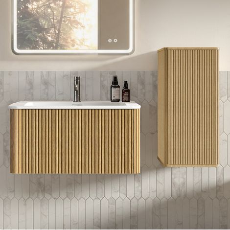 Mobile bagno con lavabo 80 cm sospeso, con colonna, rovere HAVRYA (1/5)