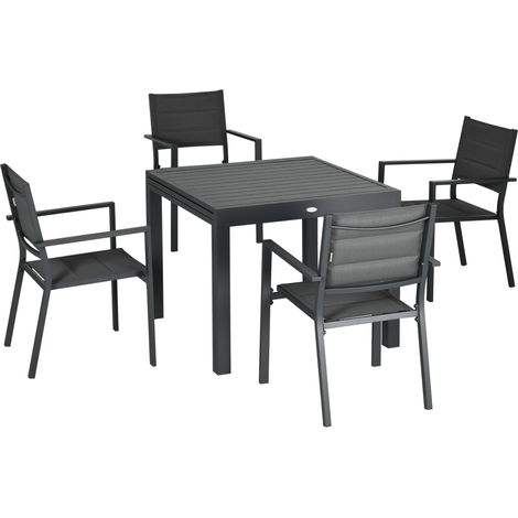 Salon de jardin aluminium textile table extensible 90-180cm 6 chaises empilables gris 4/6 personnes