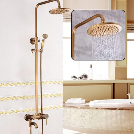 Ensemble de douche rétro antique avec douchette à main en cuivre et tête de pluie en cuivre - Pommeau de douche doré - Salle de bain nostalgique en laiton - Douche à effet pluie (1/5)