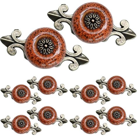 Ensemble de 10 boutons en céramique à motifs orange — Boutons de meubles vintage avec plaques arrière en bronze antique — Poignées décoratives pour tiroirs d'armoires et de placards (1/5)