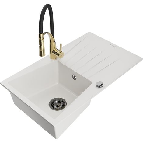 Mexen Cesar évier en granit 1 bac avec égouttoir et robinet Aster, blanc - 6514-20-73450-57-B (1/5)
