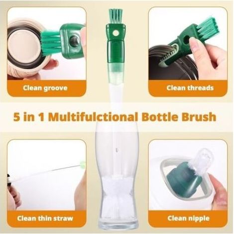 Nouveau Set de Brosses de Nettoyage Multifonction 5 en 1 pour Bouteilles d'eau, Pailles et Petits Espaces - Ensemble de Brosses Premium 2025 (Vert) (1/4)