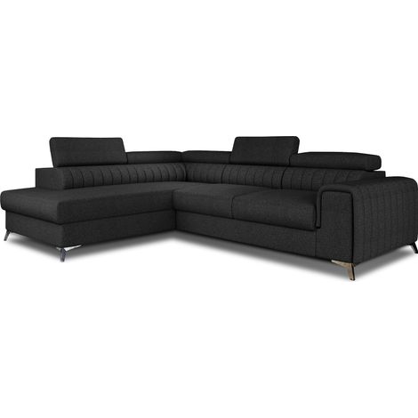Canapé d'angle convertible tissu appuis-tête réglables LOZA - Coffre et pieds acier chromé angle gauche-Gris anthracite-angle gauche (1/5)